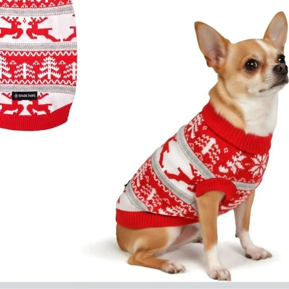 Red Fair Isle Reindeer Snowflake Knit Pet Dog Sweater Small Holiday Festive